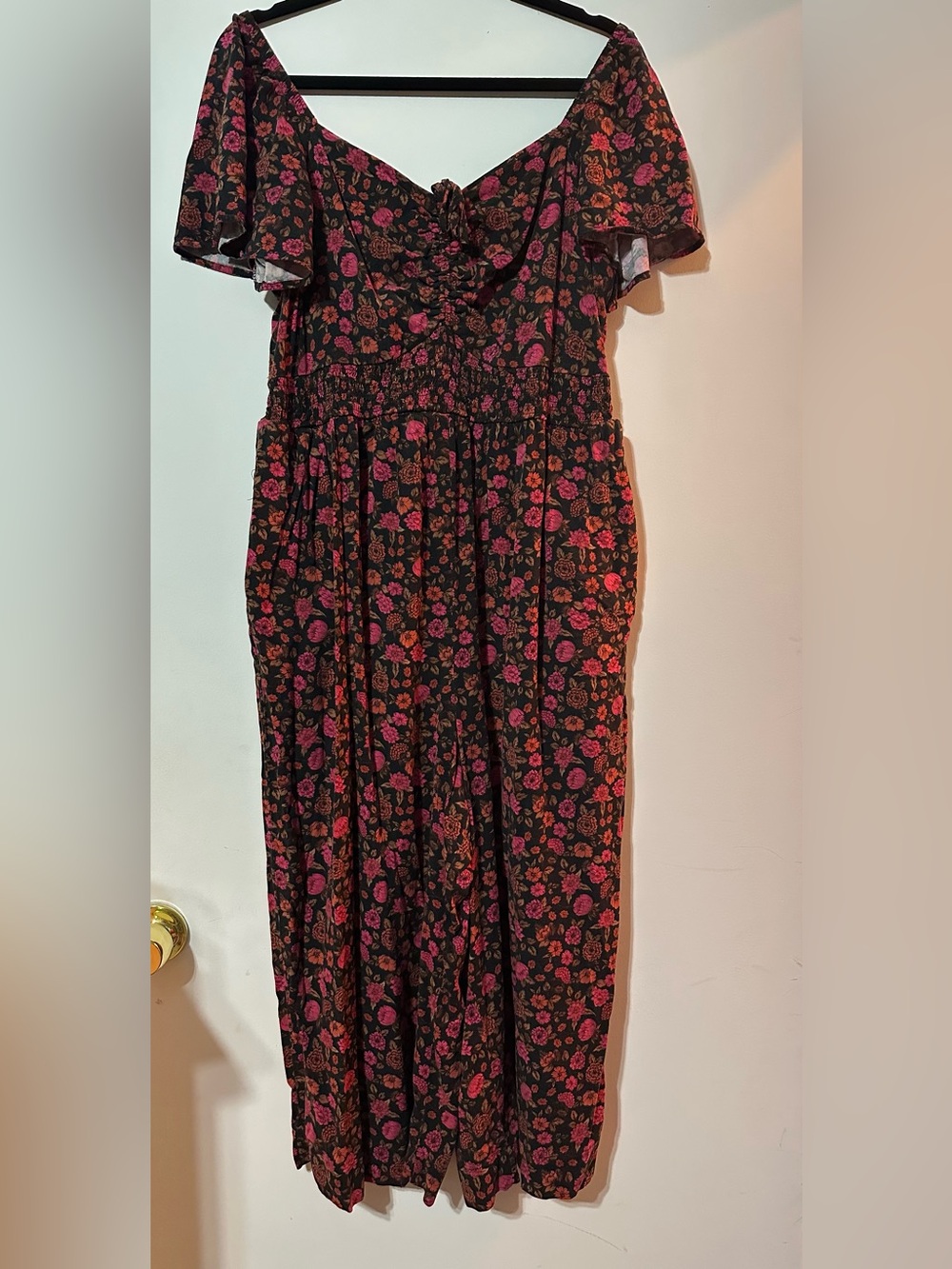 Women's Black Floral Romper with pink and red Floral Print